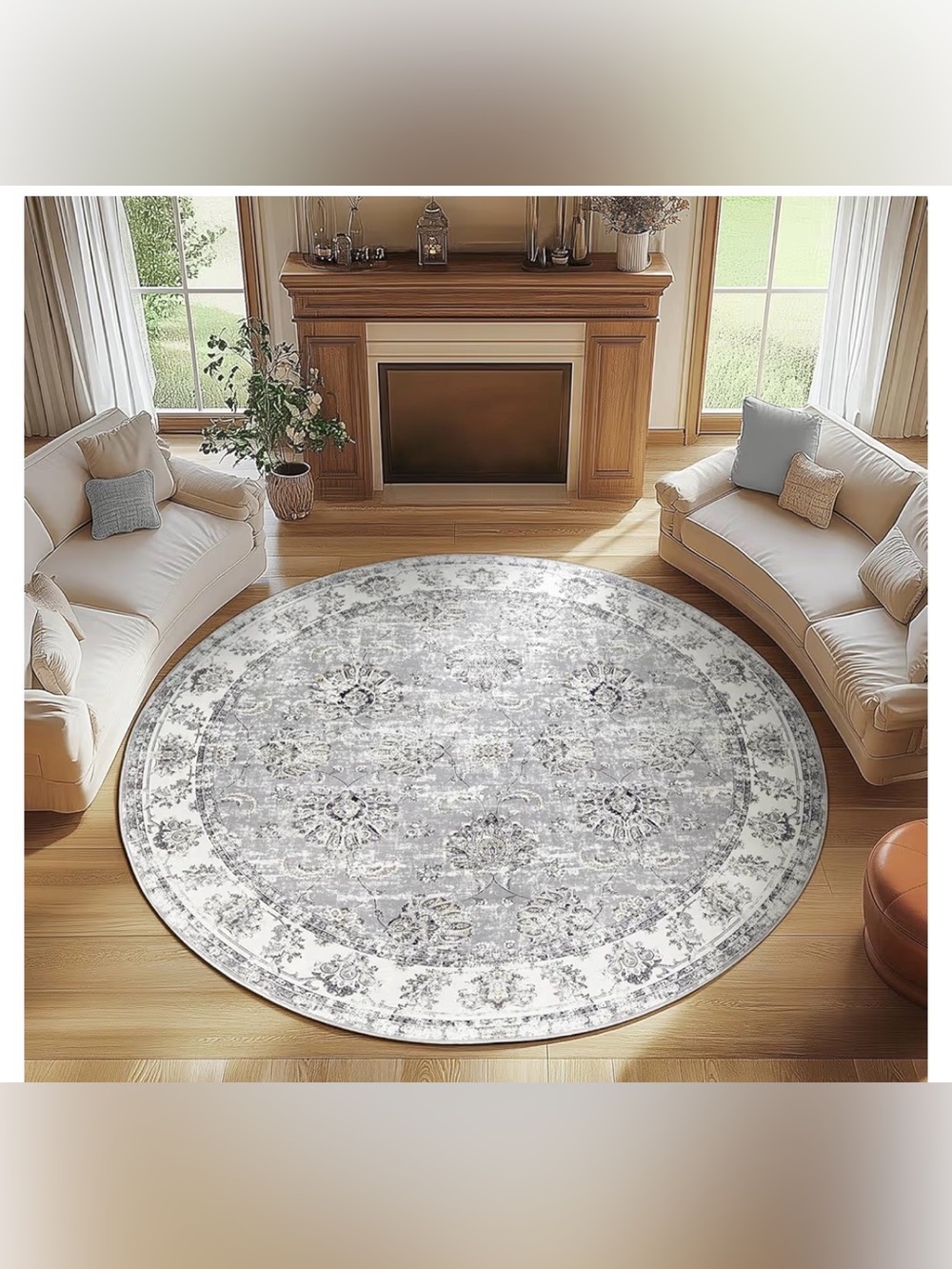 Round Grey 8ft Washable Area Rug